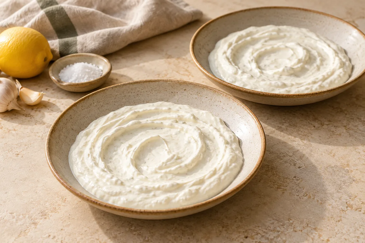 Stir the grated garlic, a pinch of salt and the lemon juice (if using) into the yogurt. Spread it in a thick layer across 2 shallow bowls or plates.