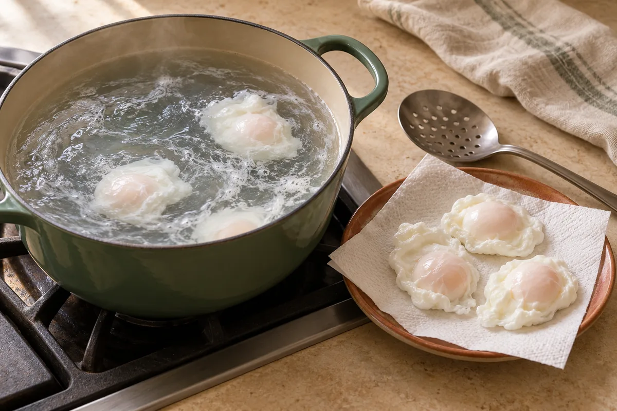 Crack each egg into a small cup or fine-mesh sieve (to drain the thin, watery white). Swirl the simmering water gently and slide the eggs in one at a time. Poach 3 to 3 1/2 minutes, until the whites are set and the yolks still runny. Lift out with a slotted spoon and drain on a paper towel.