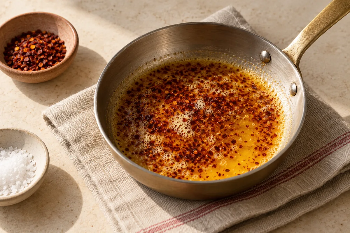 While the eggs poach, melt the butter in a small pan over medium-low heat until foaming and lightly golden, about 2 minutes. Take it off the heat and stir in the Aleppo pepper and a pinch of salt.