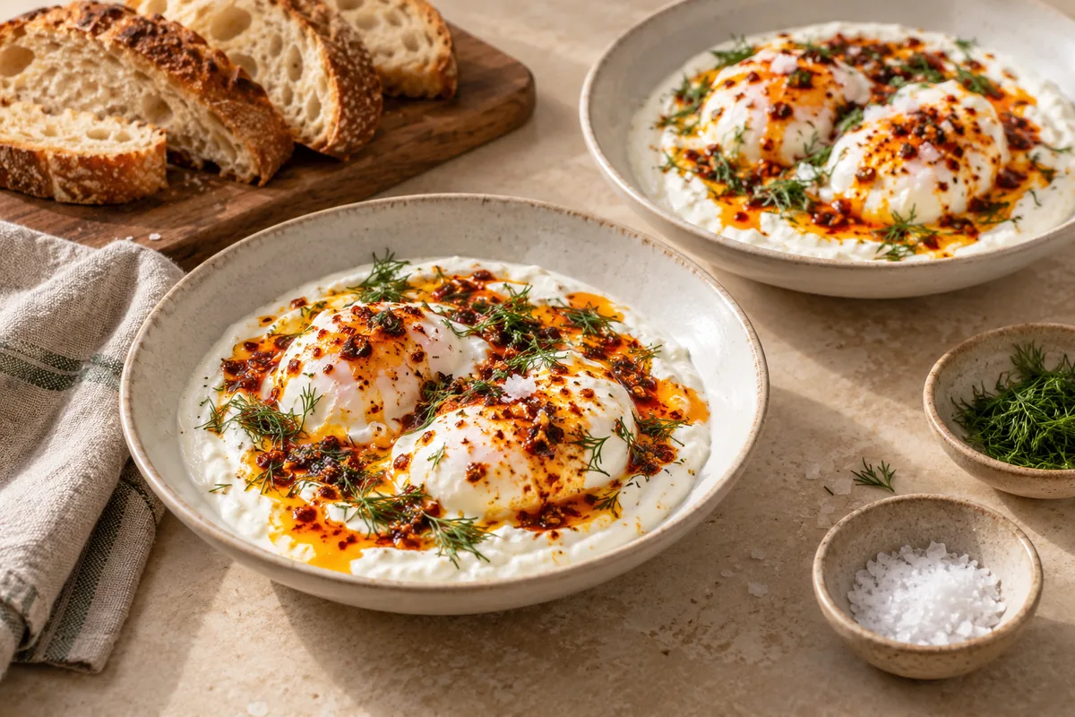 Set 2 eggs on each bed of yogurt, spoon the chili butter over the top, and finish with dill and a pinch of flaky salt. Serve right away with warm, crusty bread or toast for dipping.