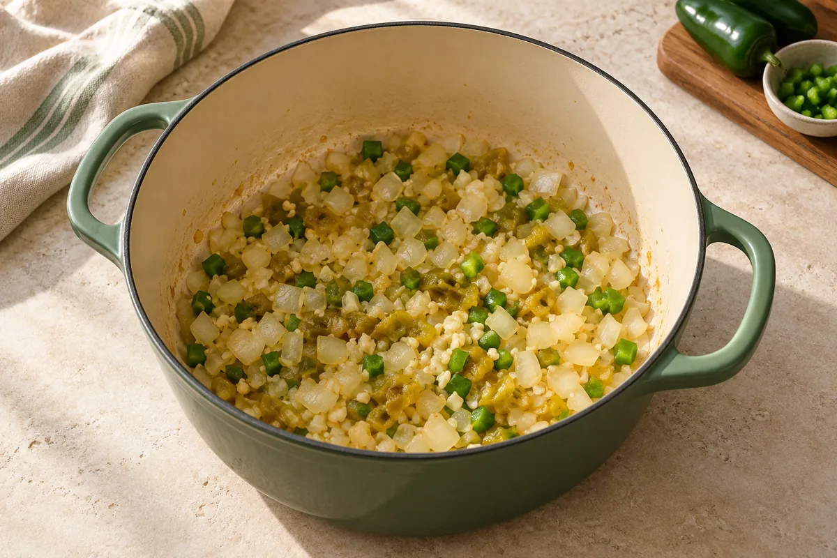 Heat the oil in a large pot or Dutch oven over medium-high heat. Add the onion and cook 3 to 4 minutes until softened. Add the garlic, green chiles and jalapeno and cook 1 minute.