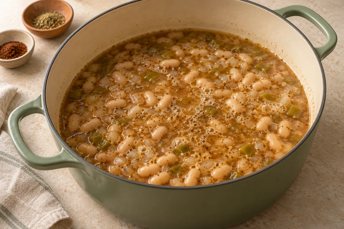Stir in the cumin, oregano and chili powder and cook 30 seconds. Add the broth and beans and bring to a boil.