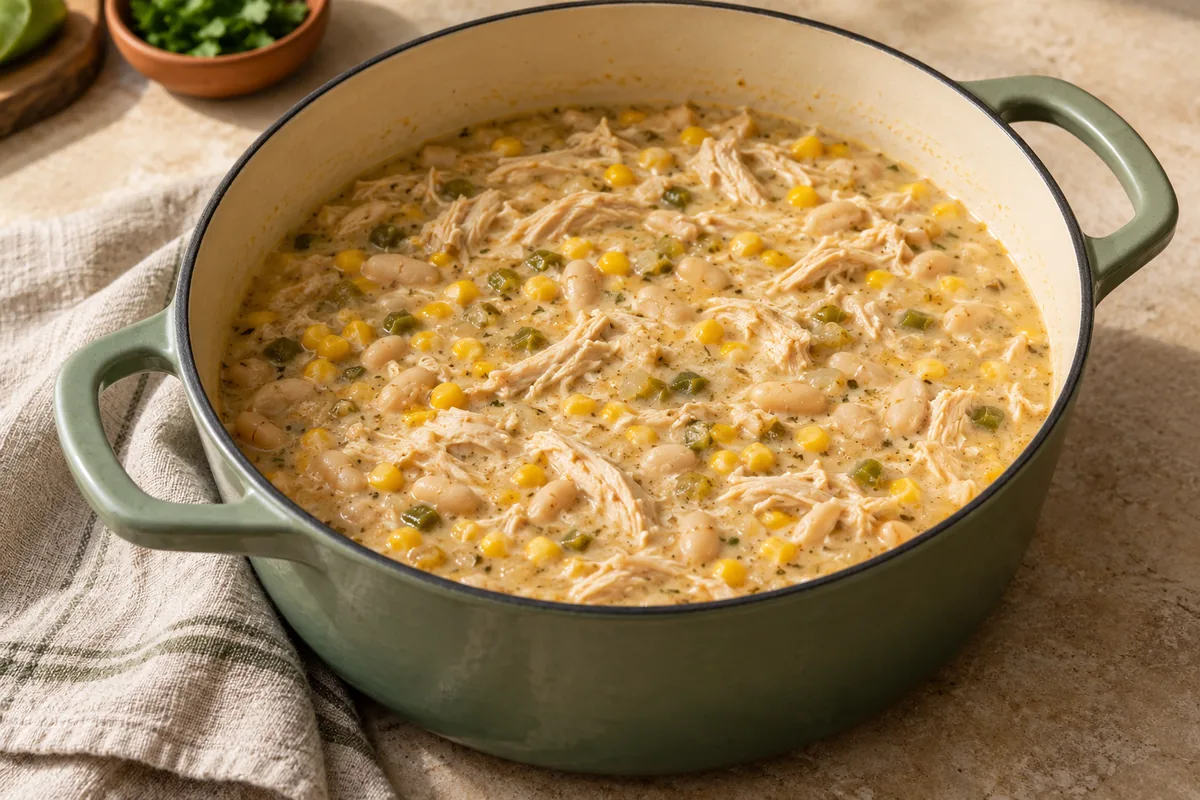 Add the shredded chicken, corn and cream cheese. Simmer 3 to 4 minutes, stirring, until the cream cheese has melted and the chili is creamy and hot.