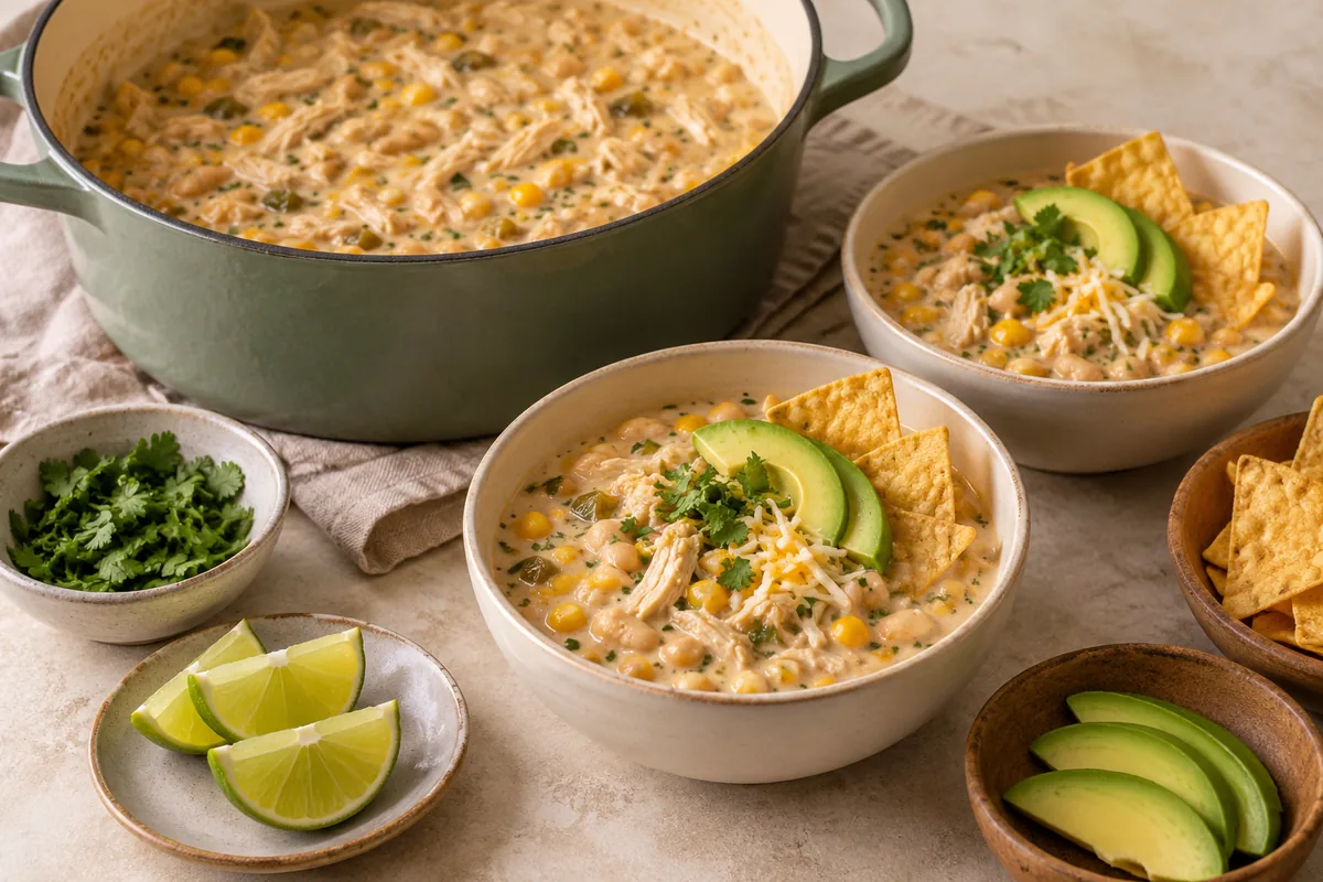 Season with salt and lime juice. Ladle into bowls and top with avocado, cilantro, lime and chips.