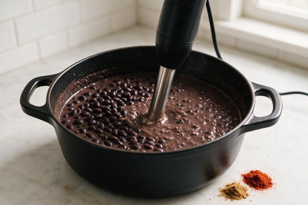 15-Minute Smoky Black Bean Soup step 2: Blend about half the soup with an immersion blender, leaving some beans whole