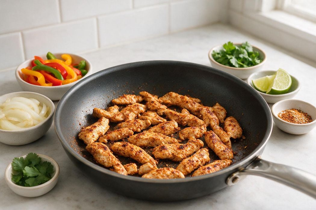 Quick Chicken Fajita Skillet step 1: Add chicken strips and fajita seasoning; cook 5–6 minutes, stirring, until lightly browned