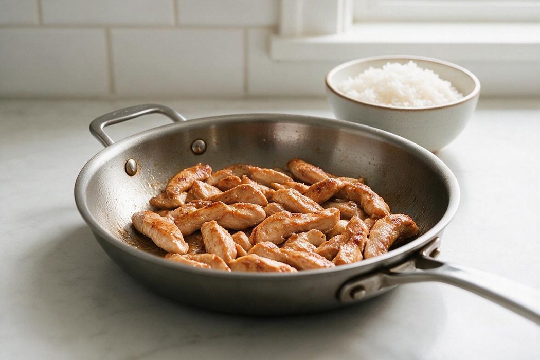 Chicken and Snap Pea Stir-Fry step 1: Heat 1 tbsp oil in a large skillet or wok over high heat. Cook chicken in a single layer 2 minutes, flip, and cook 2–3 minutes more until golden and 165°F (74°C). Transfer to a plate