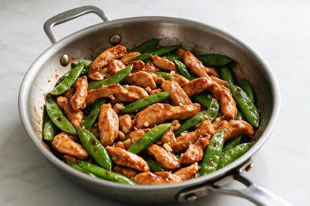 Chicken and Snap Pea Stir-Fry step 2: Add remaining oil and snap peas; stir-fry 2 minutes until bright green and blistered in spots. Add garlic and ginger for 30 seconds