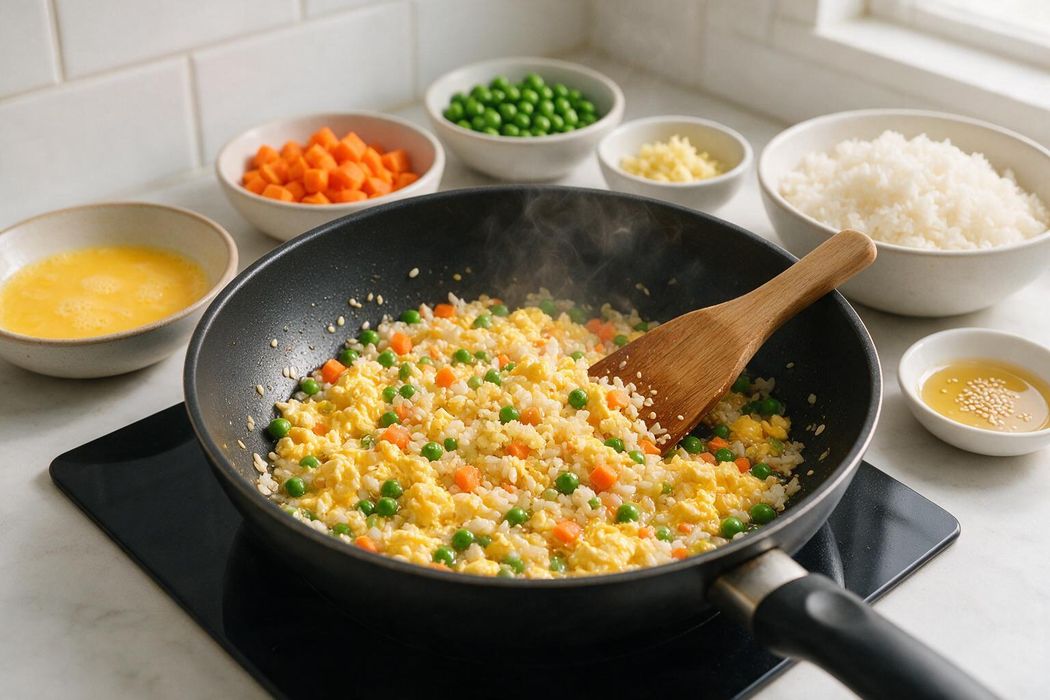 15-Minute Egg Fried Rice step 1: Add sesame oil, ginger, peas, and carrots. Stir-fry 2 minutes