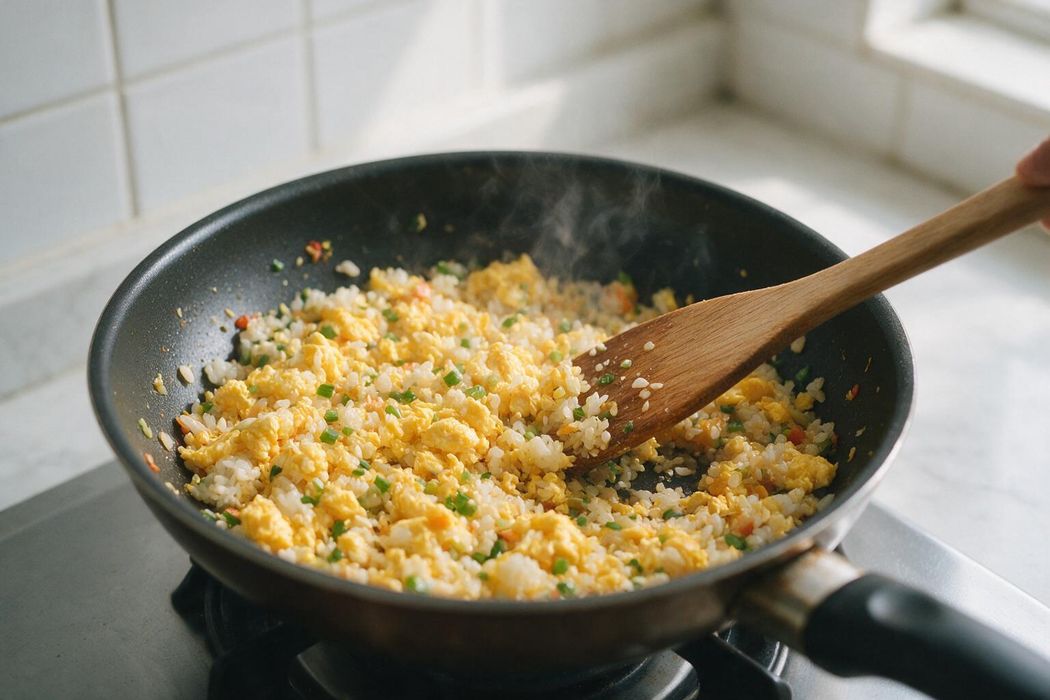 15-Minute Egg Fried Rice step 2: Add cold rice and break up clumps. Fry 4–5 minutes, stirring occasionally