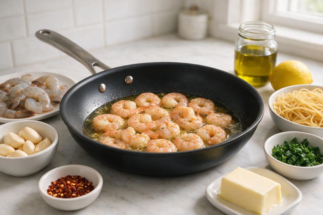 Garlic Butter Shrimp Pasta step 1: Meanwhile, heat olive oil in a skillet over medium-high heat. Season shrimp and cook 2 minutes per side until opaque and cooked through