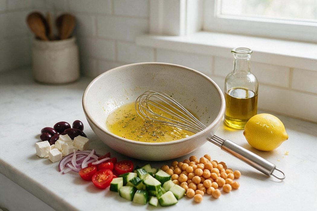 Greek Chickpea Salad step 1: Whisk olive oil, vinegar, lemon juice, oregano, salt, and pepper in a large bowl