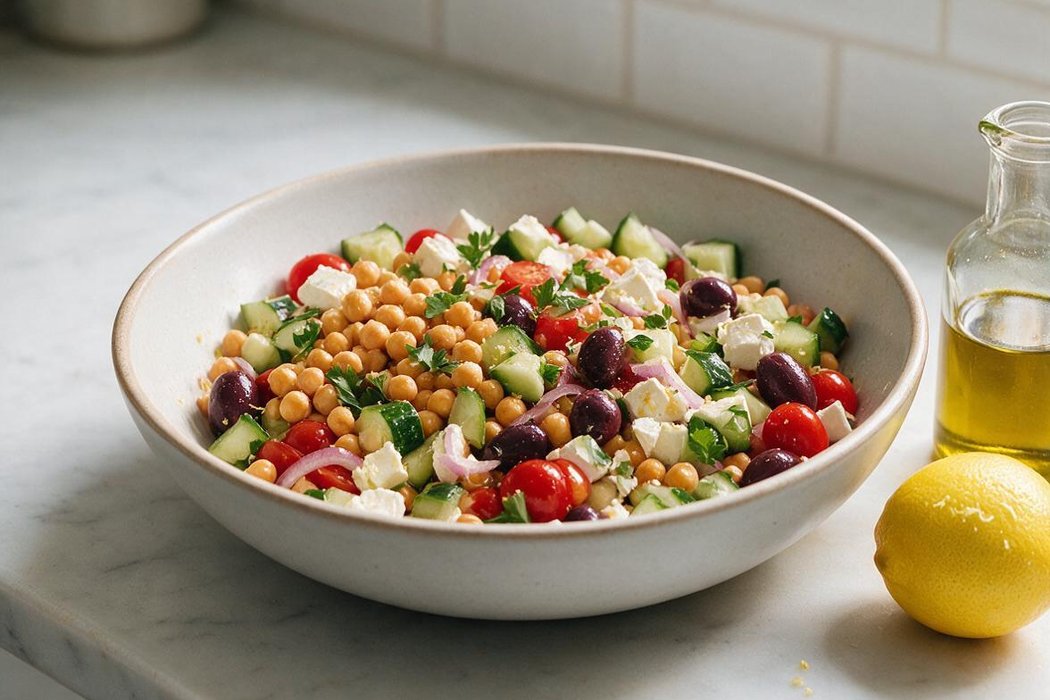 Greek Chickpea Salad step 2: Add chickpeas, cucumber, tomatoes, onion, olives, and parsley; toss well