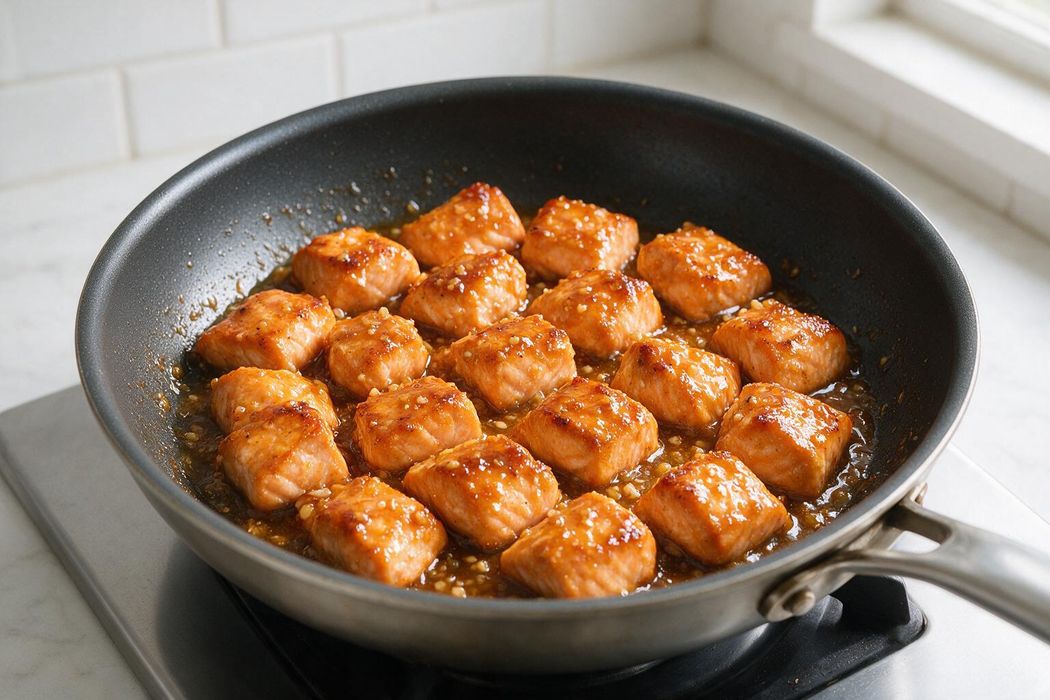 Honey Garlic Salmon Bites step 2: Cook 3–4 minutes, turn, and cook 2–3 minutes more until the fish reaches 145°F (63°C)