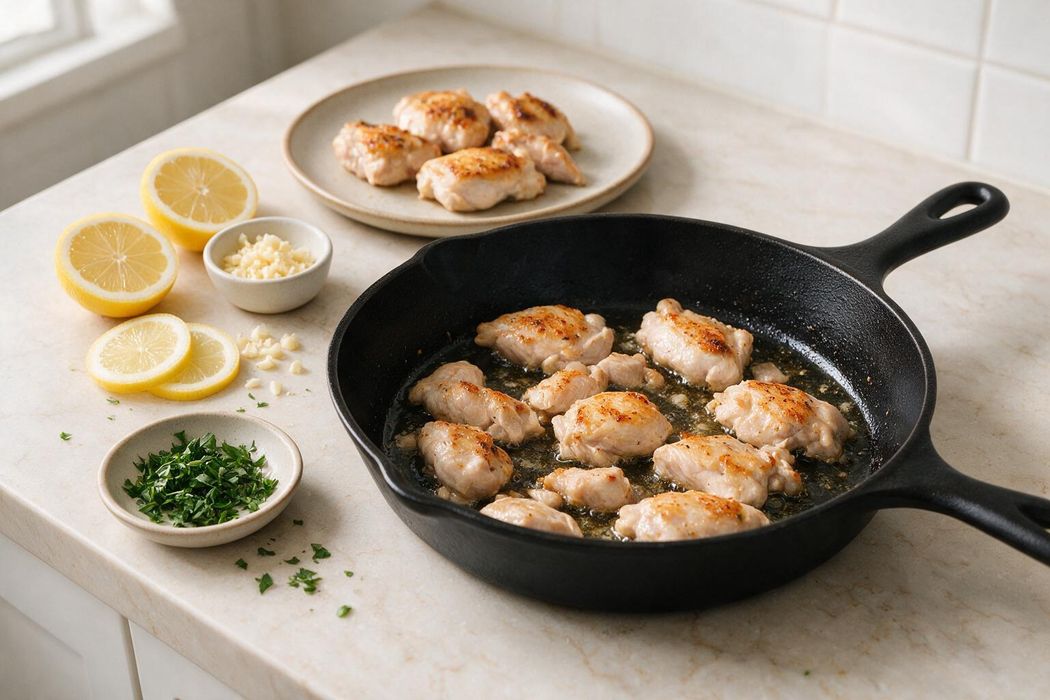 Lemon Chicken Skillet step 1: Heat oil in a skillet over medium-high heat. Cook chicken 4–5 minutes per side until 165°F (74°C), then move to a plate
