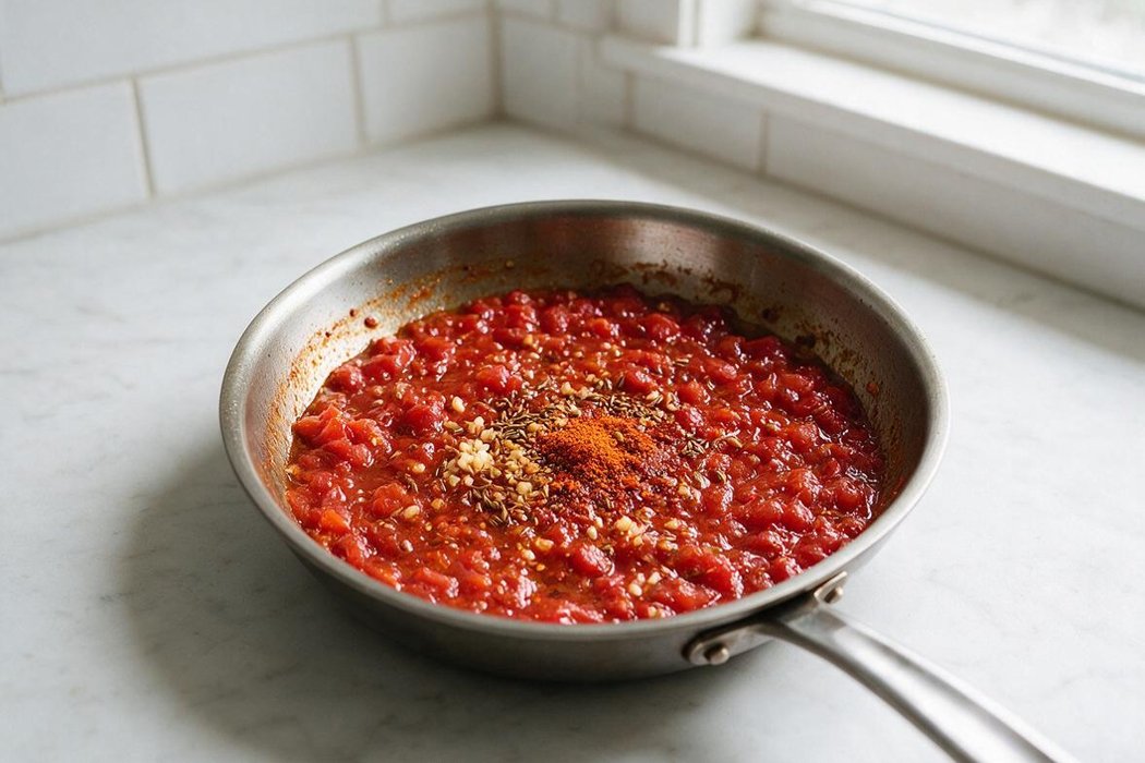 Quick Shakshuka step 1: Add garlic, cumin, paprika, and chili flakes; stir 30 seconds. Add tomatoes and a pinch of salt; simmer 4 minutes until slightly thickened