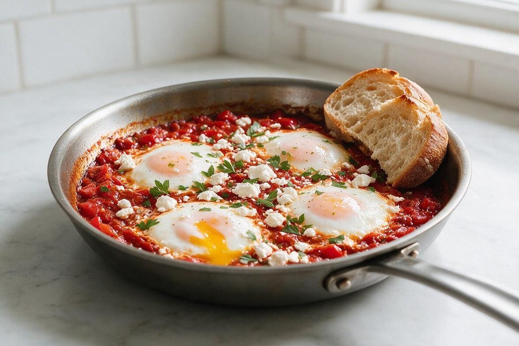 Quick Shakshuka step 2: Make 4 wells in the sauce and crack an egg into each. Cover and cook over medium-low heat 5–6 minutes, until the whites are set and the yolks still runny