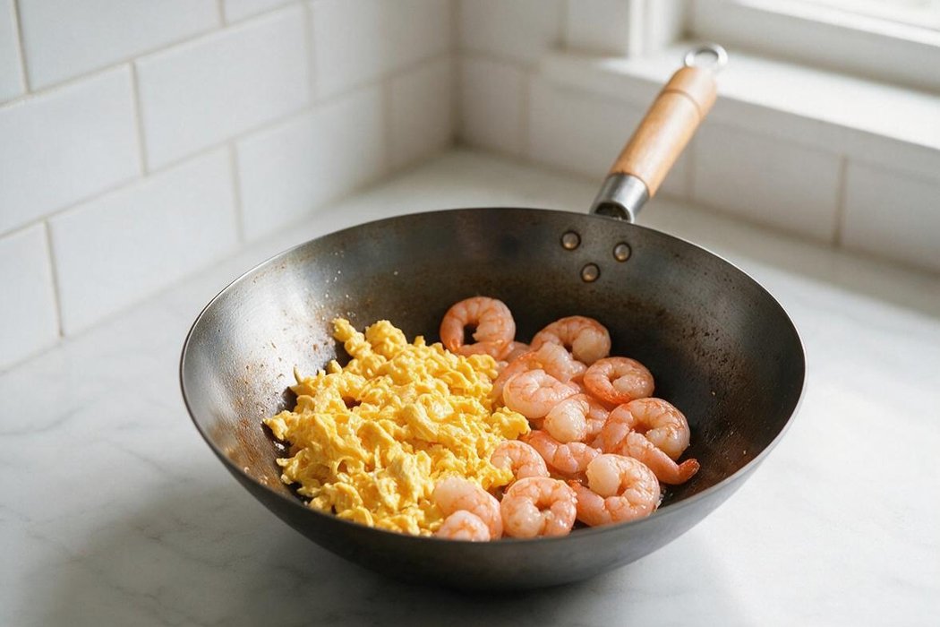 Shrimp Fried Rice step 1: Pour in eggs and scramble 1 minute into soft curds; add to the shrimp