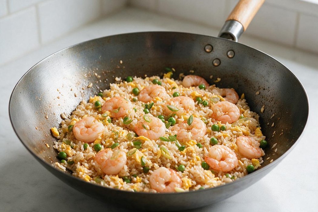 Shrimp Fried Rice step 2: Add remaining oil, garlic, and peas; stir-fry 1 minute. Add rice, breaking up clumps, and fry 4 minutes, pressing it against the pan