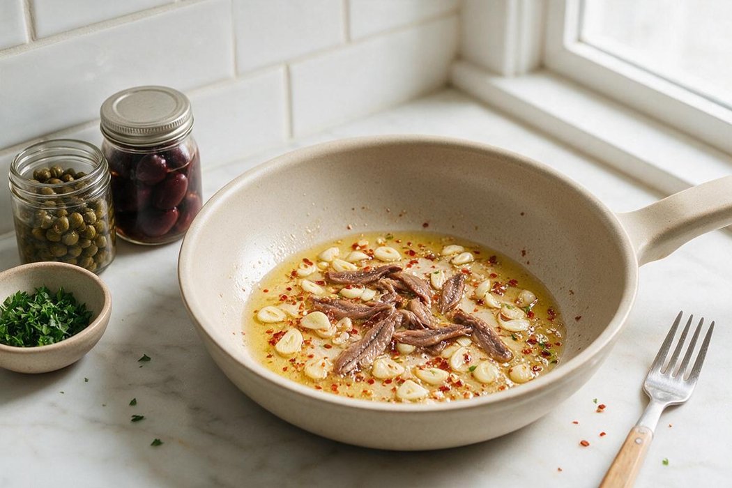 Quick Spaghetti Puttanesca step 1: Meanwhile, warm oil in a large skillet over medium heat. Add garlic, anchovies, and chili flakes; stir 1–2 minutes until the anchovies melt and the garlic is golden at the edges