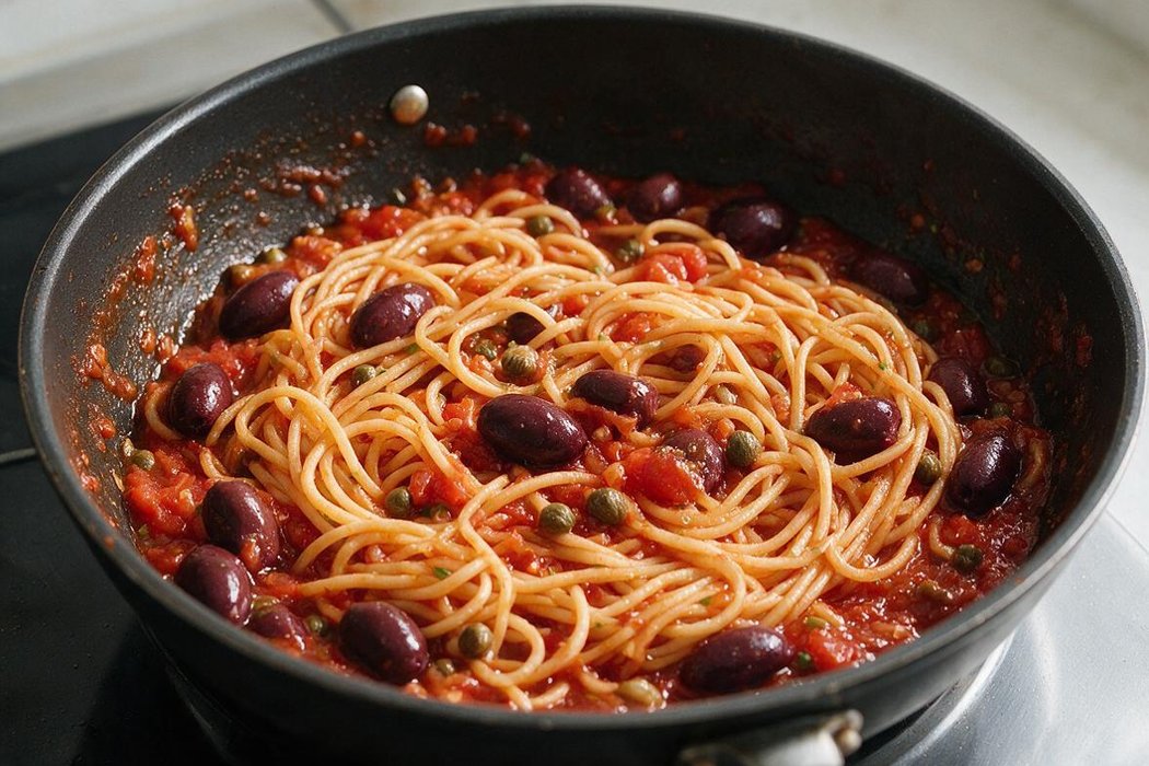 Quick Spaghetti Puttanesca step 2: Add tomatoes, olives, and capers. Simmer 6–8 minutes, stirring occasionally, until slightly thickened