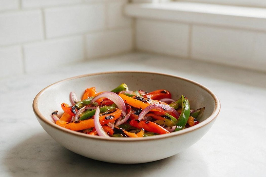 Steak Fajita Bowls step 1: Heat a large skillet over high heat. Add peppers and onion with remaining oil; cook 5–6 minutes until charred in spots and tender-crisp. Transfer to a bowl