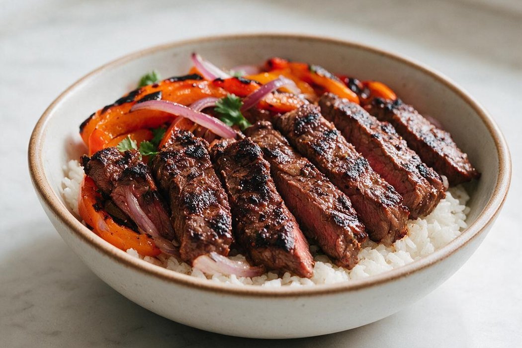 Steak Fajita Bowls step 2: Add steak in a single layer; sear 2–3 minutes, turning once, until browned. Cook to at least 145°F (63°C) for medium, or as preferred