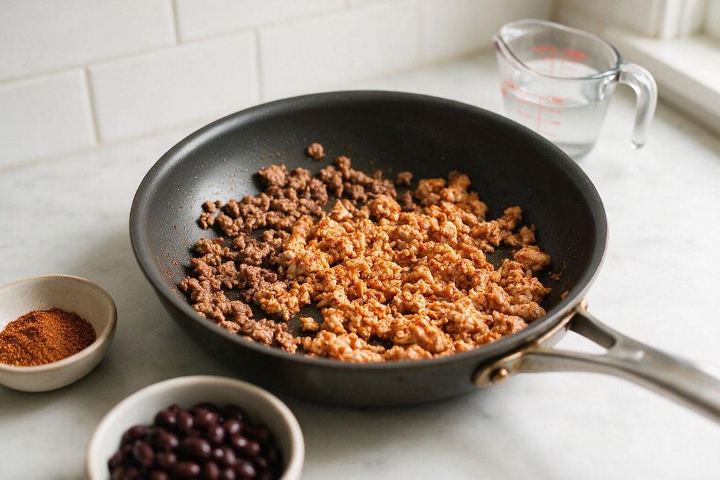 Speedy Turkey Taco Bowls step 1: Stir in taco seasoning, water, and beans. Simmer 4–5 minutes until turkey reaches 165°F (74°C)